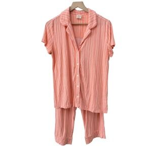 Soma Pajama Set Size Medium Coral Pink White Striped Button Front Loungewear
